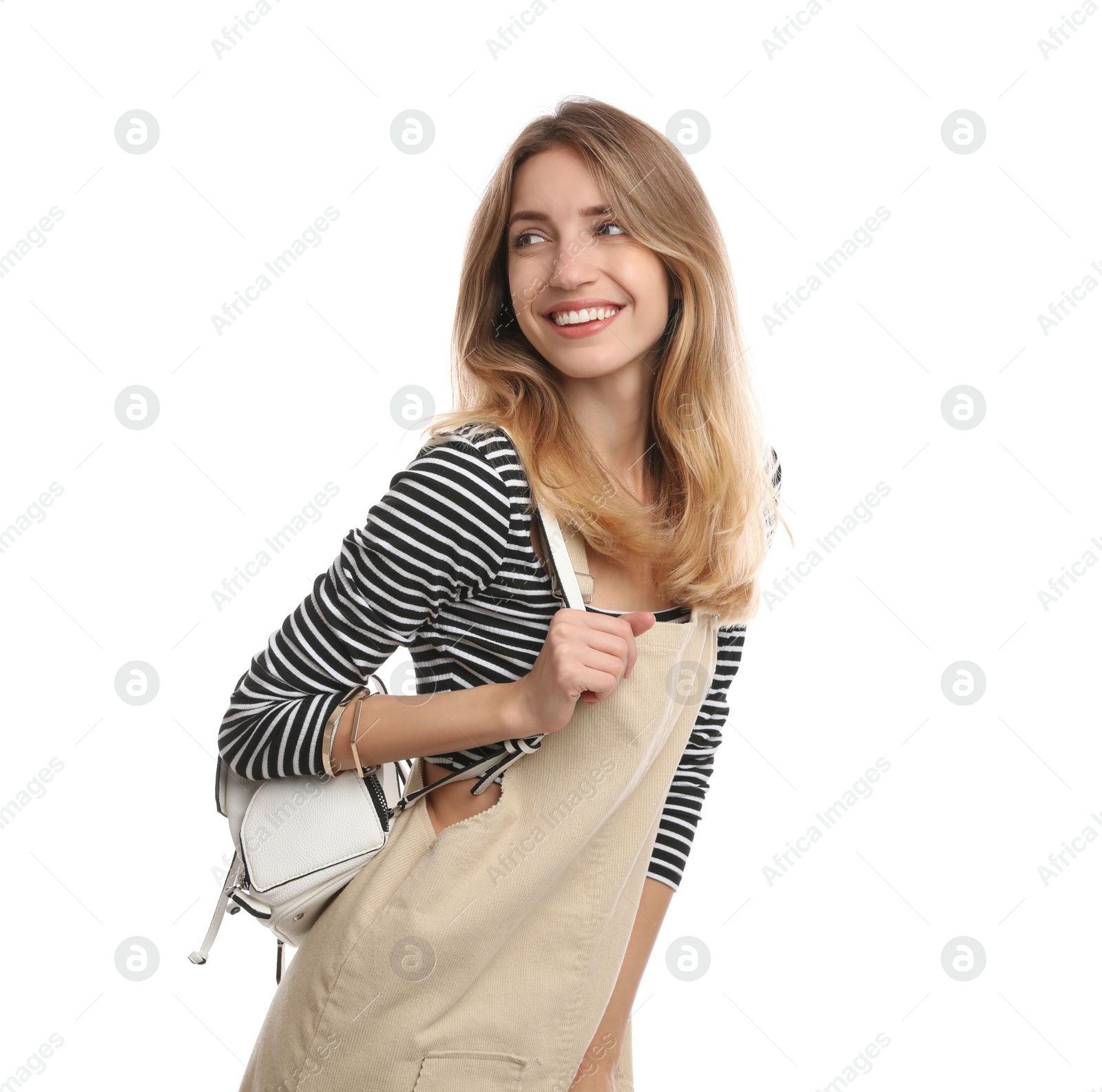 Photo of Happy woman with backpack on white background. Summer travel