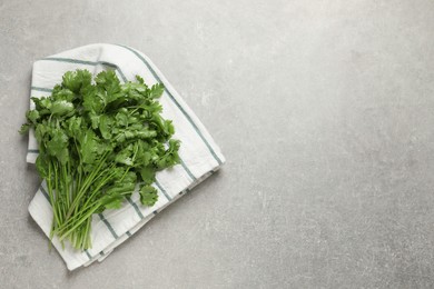 Bunch of fresh green cilantro on light grey table, top view.  Space for text