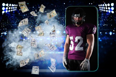 Image of Sports betting. American football player appearing from smartphone near flying banknotes under stadium lights