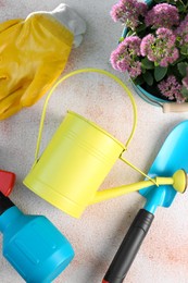 Watering can, flowers and gardening tools on table, flat lay