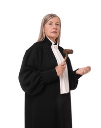 Photo of Beautiful senior judge with gavel on white background