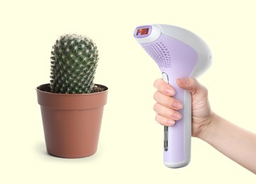 Image of Hair removal concept. Cactus and woman holding modern photoepilator on white  background, closeup