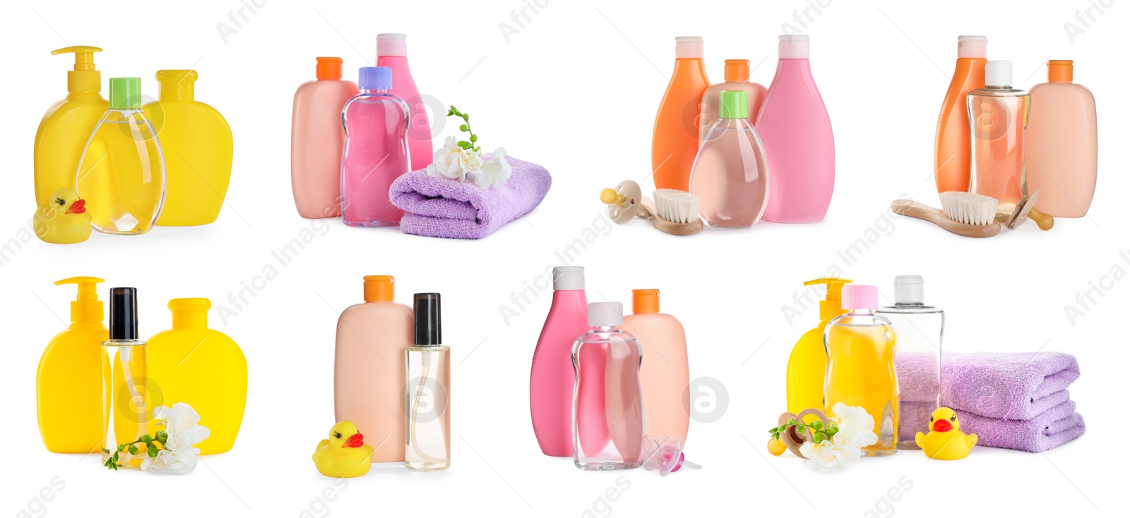 Image of Set with baby oil, other cosmetic products and accessories on white background