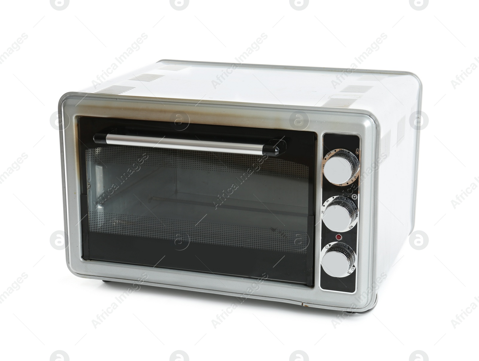 Photo of Dirty modern electric oven on white background