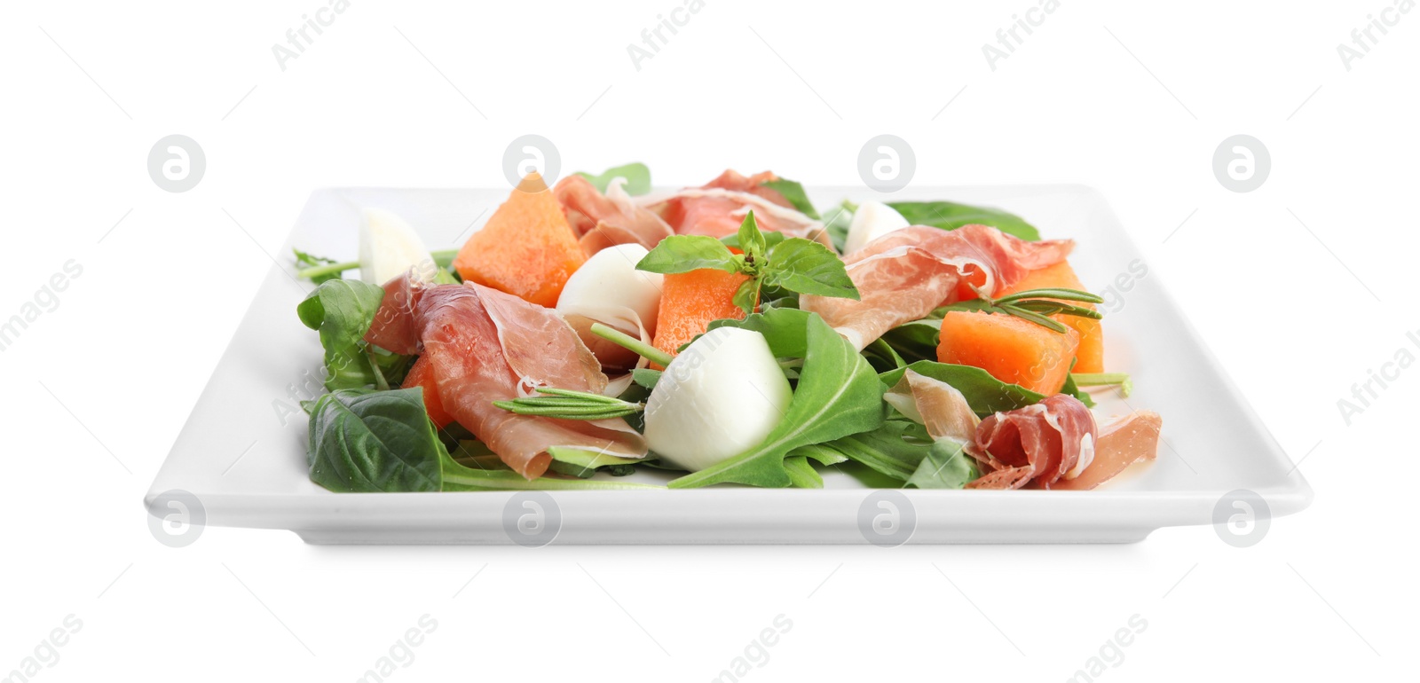 Photo of Fresh melon with prosciutto, mozzarella and arugula on white background