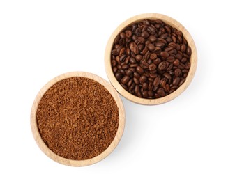 Photo of Bowls with instant coffee and roasted beans on white background, top view