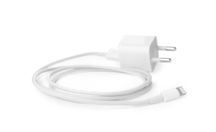 Photo of USB charger isolated on white. Modern technology