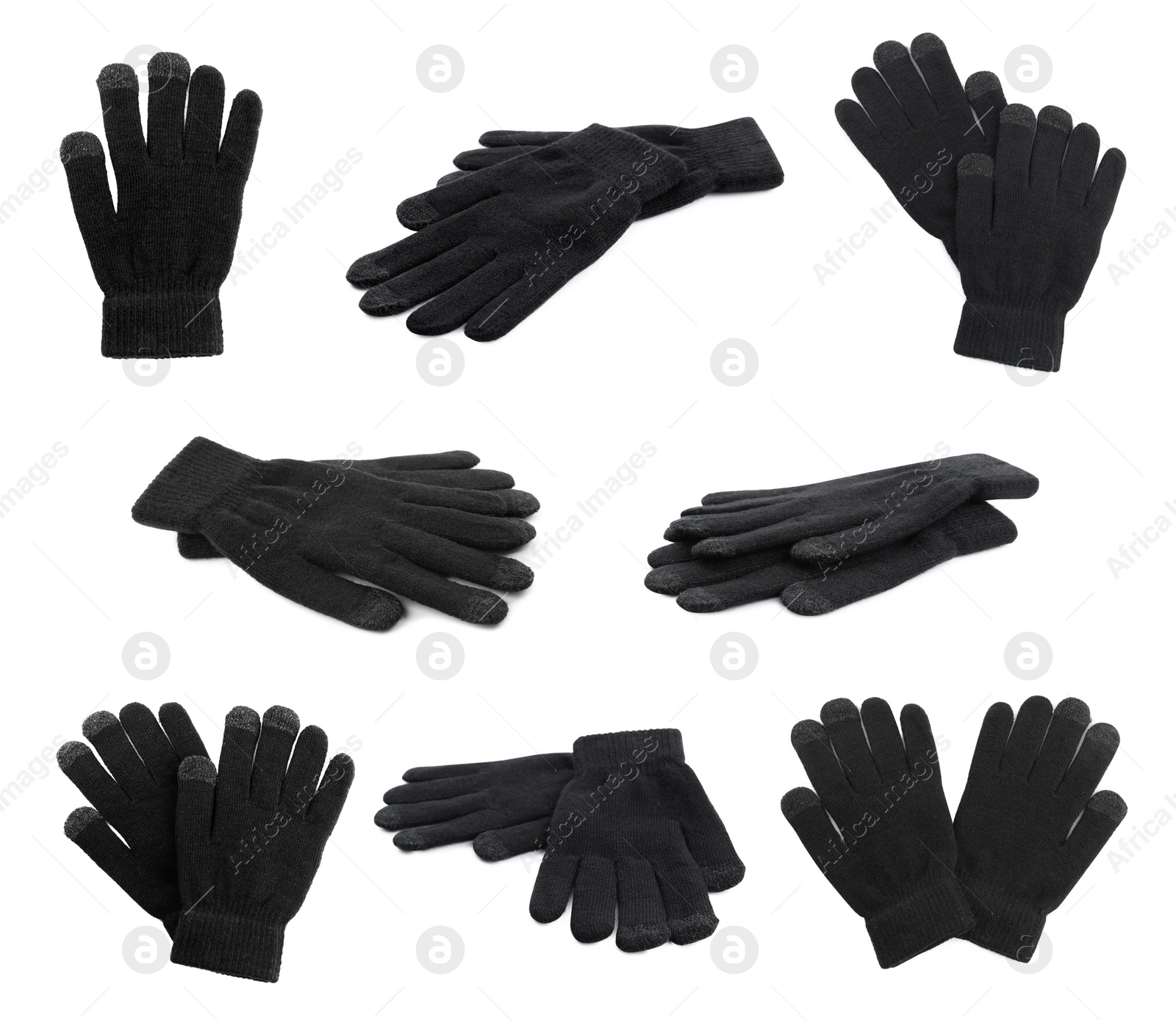 Image of Set of black woolen gloves on white background