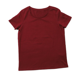Photo of Modern dark red t-shirt isolated on white, top view