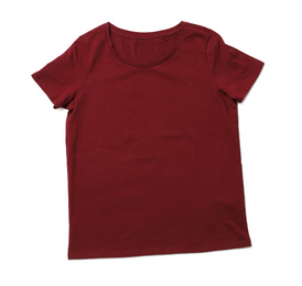 Modern dark red t-shirt isolated on white, top view