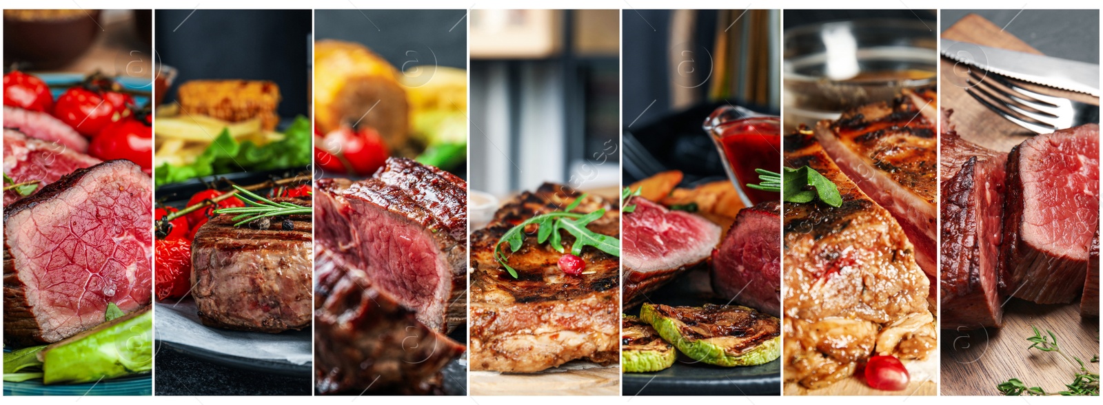 Image of Collage with different photos of delicious grilled meat. Banner design 