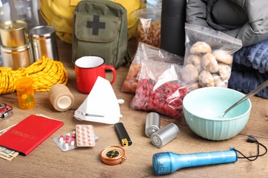 Photo of Disaster supply kit for earthquake on wooden table