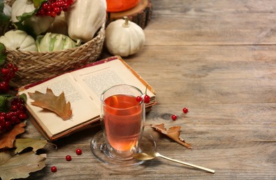 Photo of Delicious viburnum tea, books and pumpkins on wooden table, space for text. Cozy autumn atmosphere