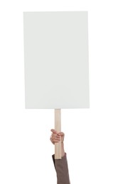 Woman holding blank protest sign on white background, closeup