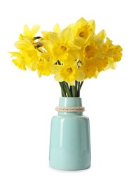 Photo of Beautiful daffodils in vase on white background