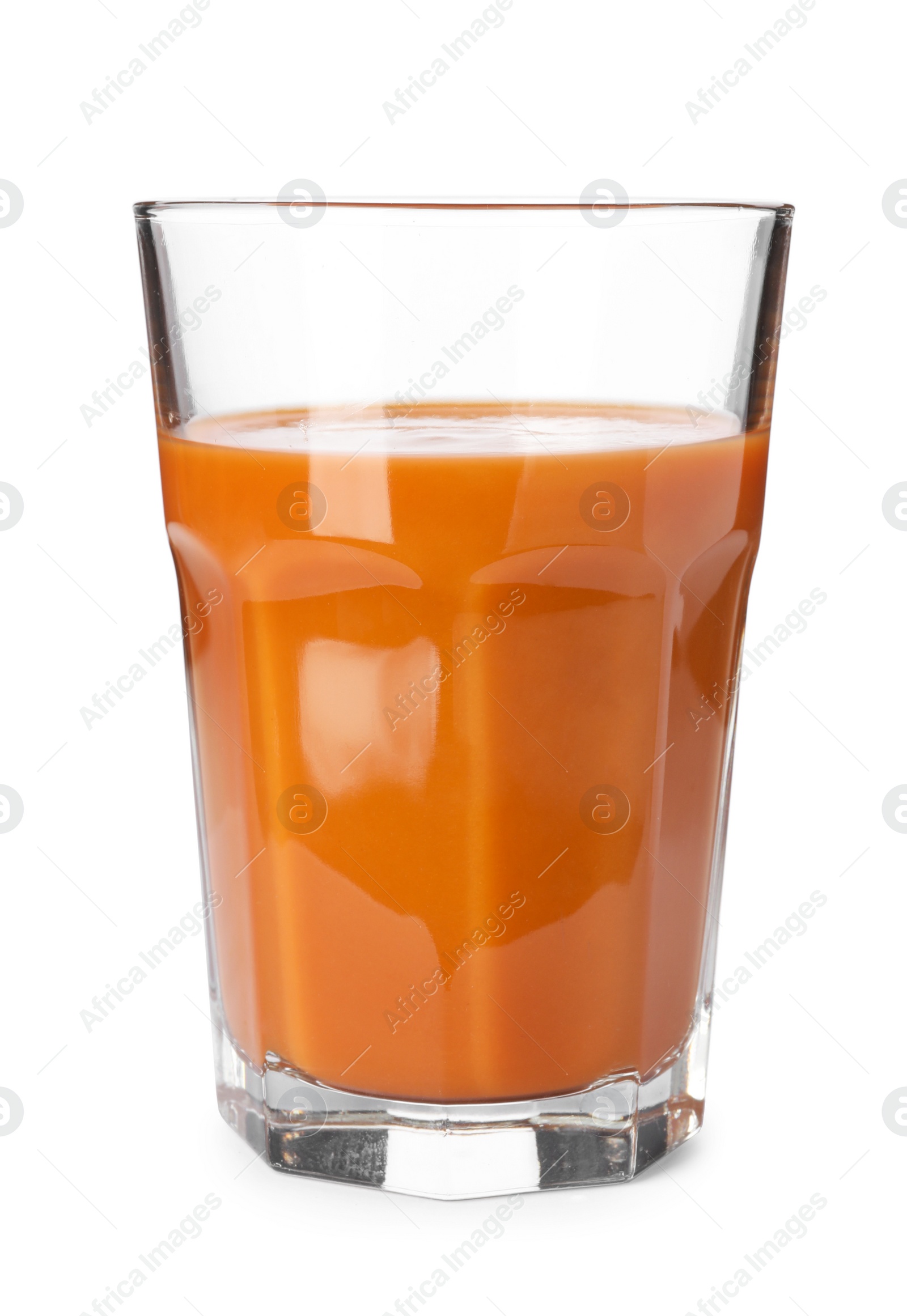 Photo of Glass of fresh carrot juice on white background
