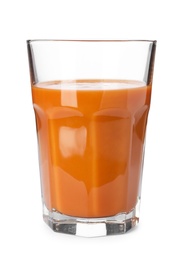 Glass of fresh carrot juice on white background
