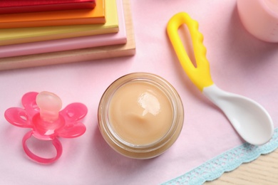 Photo of Flat lay composition with healthy baby food on table