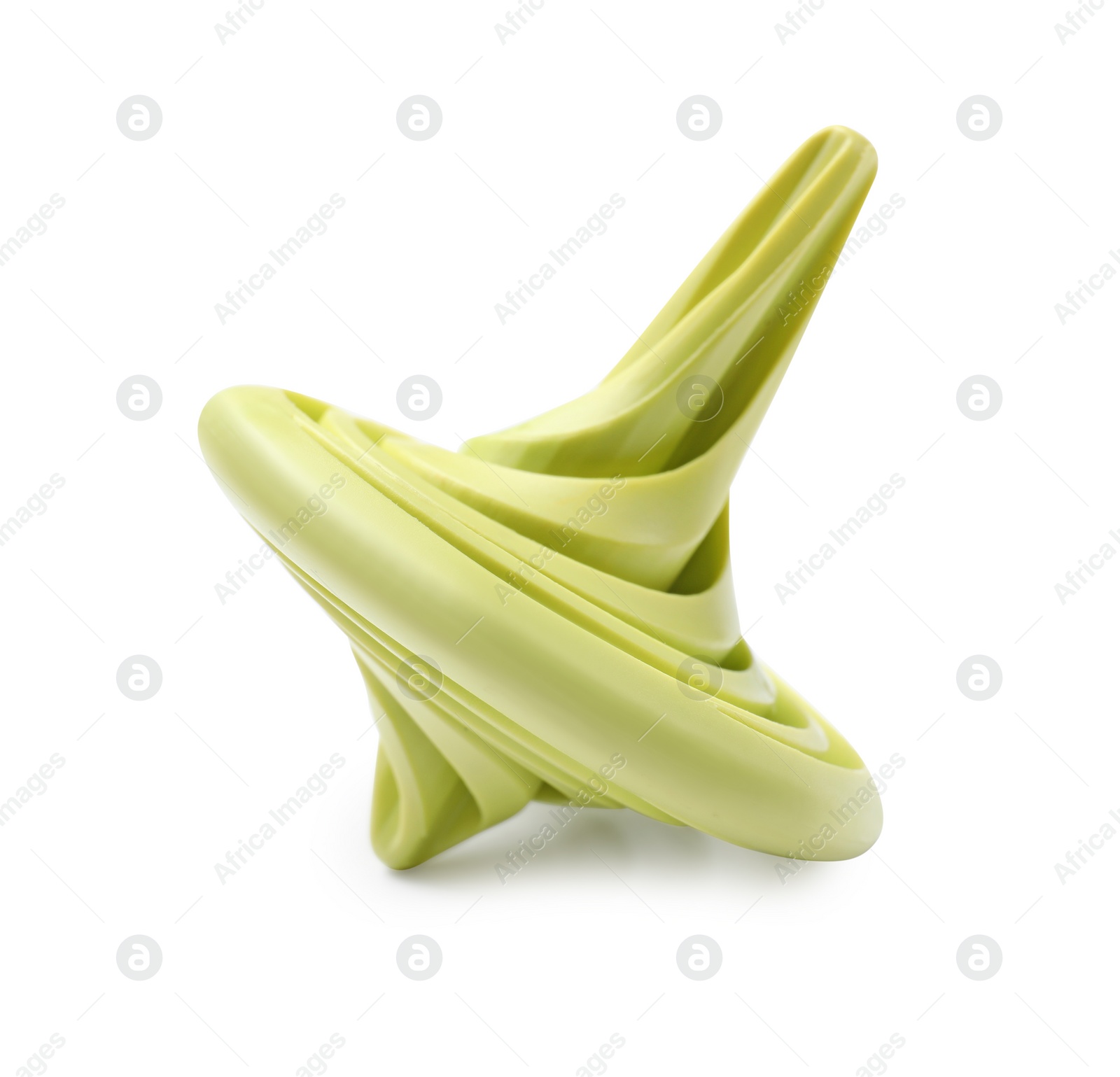 Photo of One green spinning top on white background