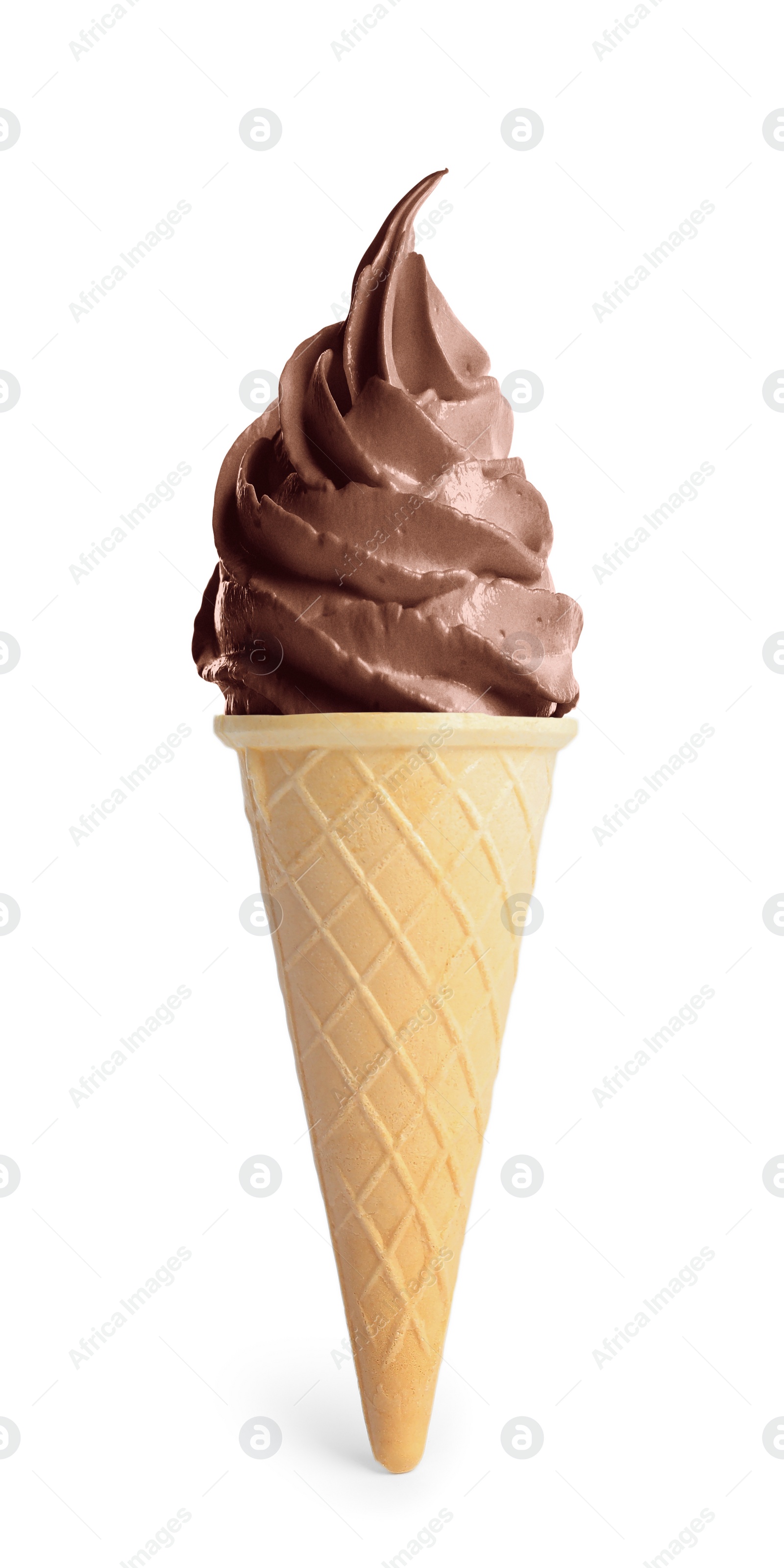 Image of Delicious soft serve chocolate ice cream in crispy cone isolated on white