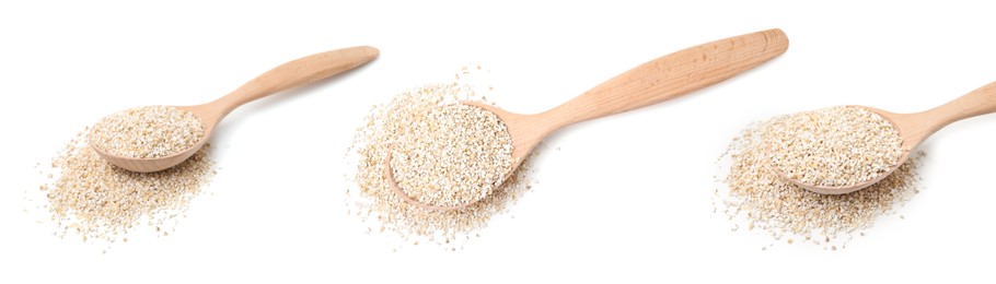 Image of Collage of dry barley groats in wooden spoon on white background, top and side views