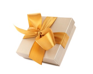 Photo of Beautiful gift box with golden ribbon and bow on white background