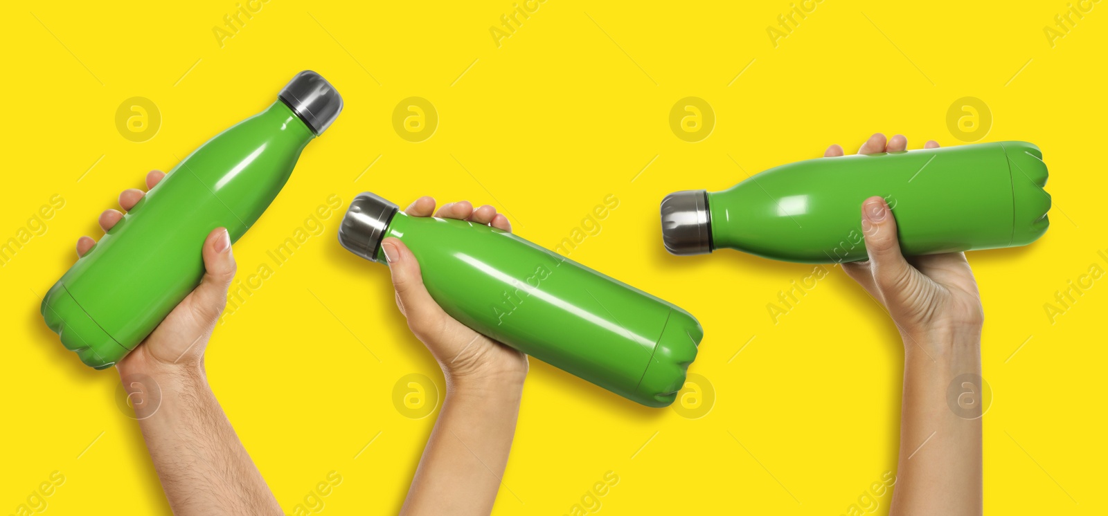 Image of People holding green thermos bottles, collage of photos on yellow background. Banner design 