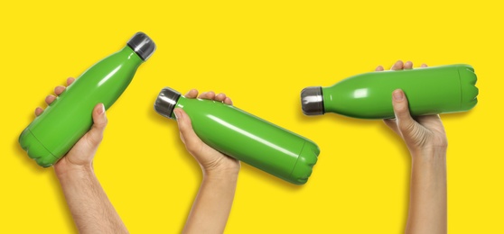 People holding green thermos bottles, collage of photos on yellow background. Banner design 