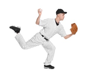 Baseball player with glove and ball on white background