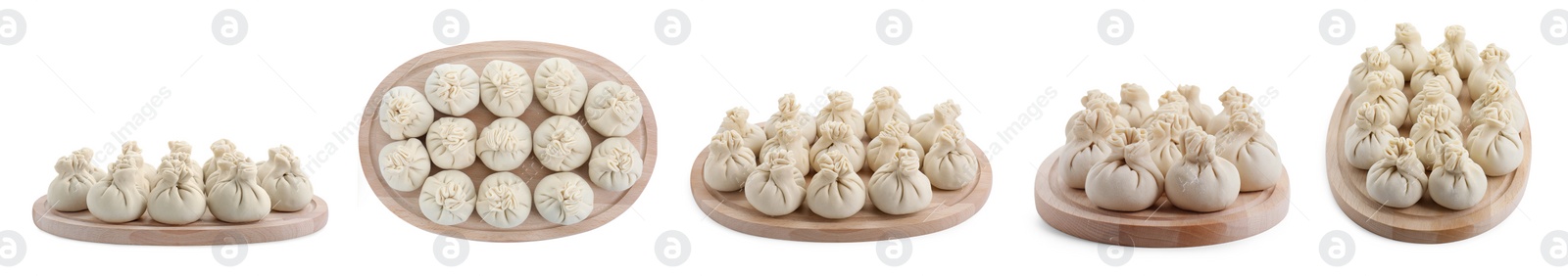 Image of Set of uncooked khinkalis (dumplings) isolated on white, top and side views