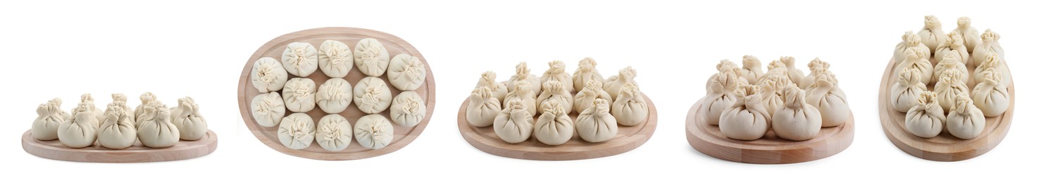 Image of Set of uncooked khinkalis (dumplings) isolated on white, top and side views