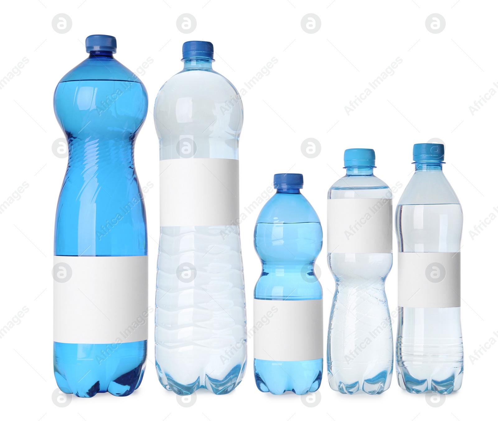 Image of Bottles of pure water with blank labels on white background