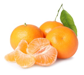 Photo of Fresh ripe juicy tangerines with green leaf isolated on white