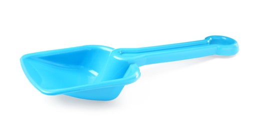 Photo of Light blue plastic toy shovel isolated on white