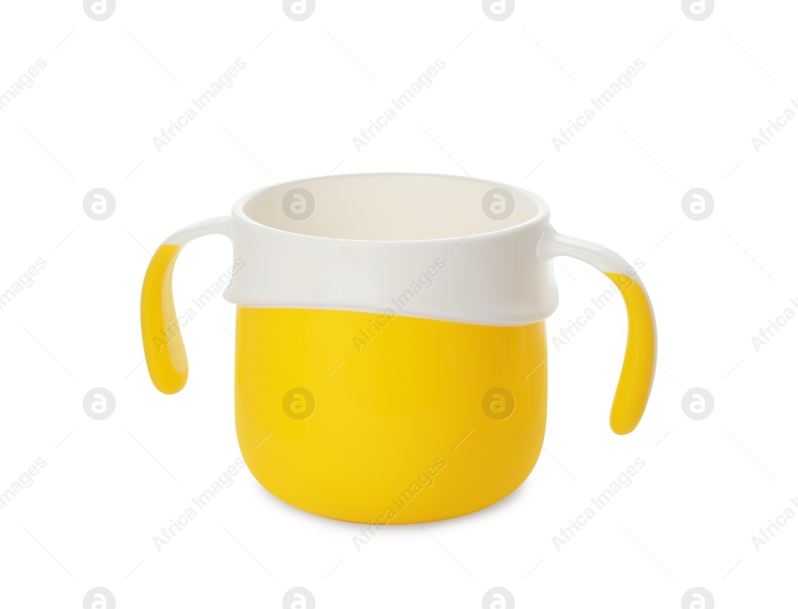 Photo of New plastic baby cup isolated on white