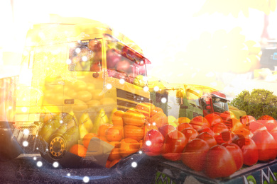 Multiple exposure of trucks, fresh fruits and world globe. Wholesale concept