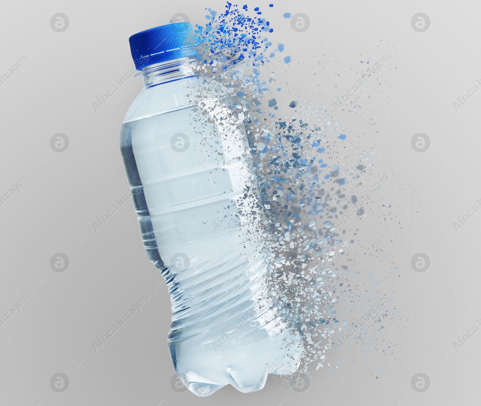 Image of Bottle of water vanishing on light background. Decomposition of plastic pollution