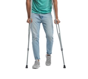 Photo of Man with crutches on white background, closeup