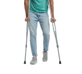 Man with crutches on white background, closeup