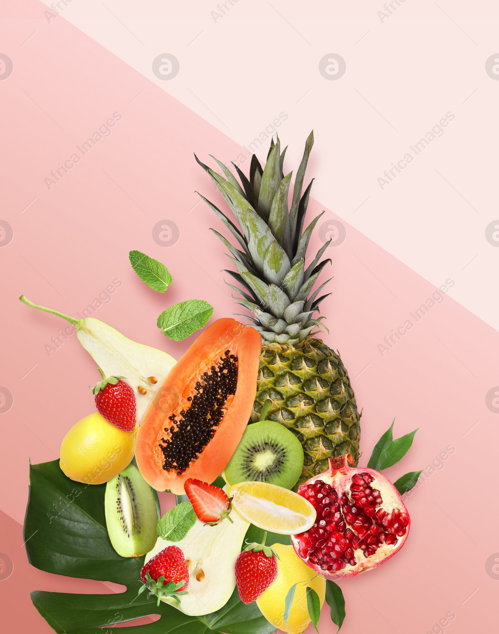 Image of Tropical layout with fresh exotic fruits and green leaves on color background, top view