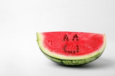 Photo of Watermelon with funny smiling face on white background