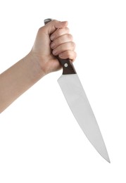 Woman holding knife on white background, closeup