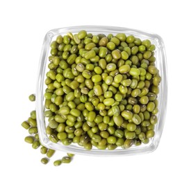 Glass bowl with green mung beans isolated on white, top view. Organic grains