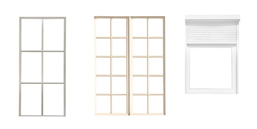 Image of Many different window frames on white background, collage. Banner design