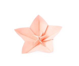 Photo of Origami art. Handmade pink paper flower on white background
