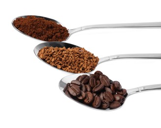 Photo of Spoons of beans, instant and ground coffee on white background