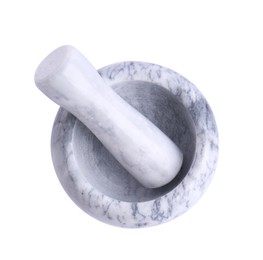 Photo of Marble mortar and pestle on white background, top view