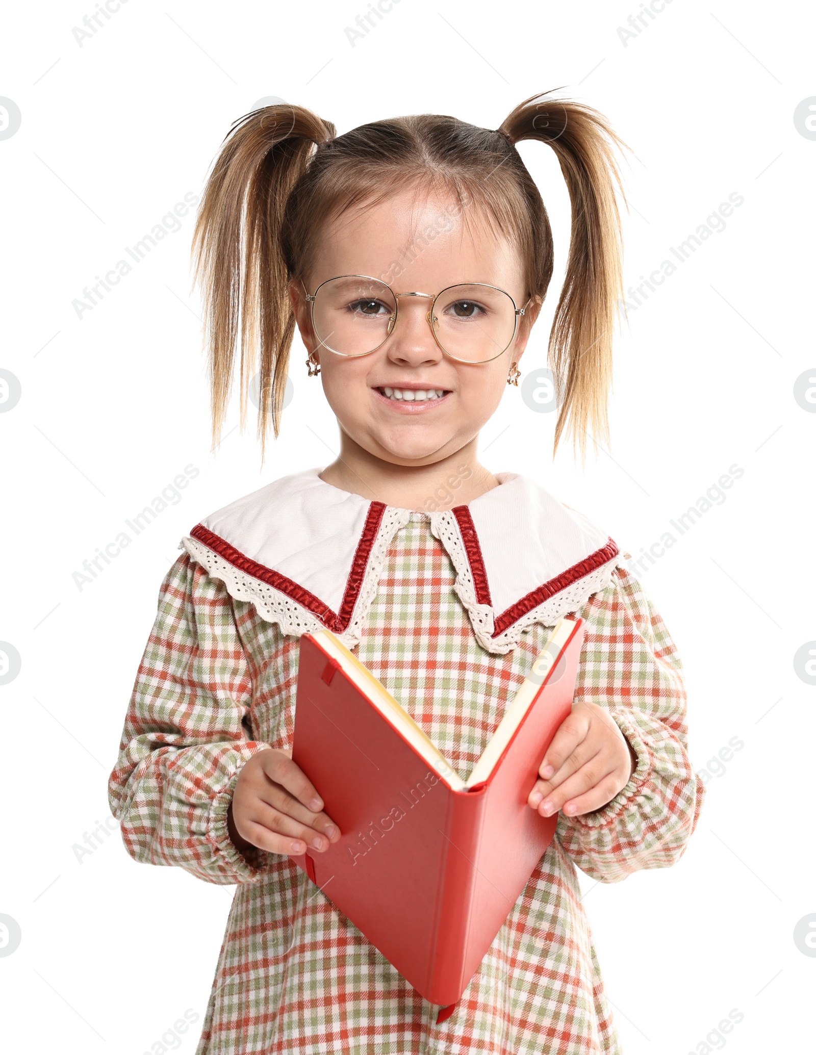 Photo of Cute little girl with book on white background