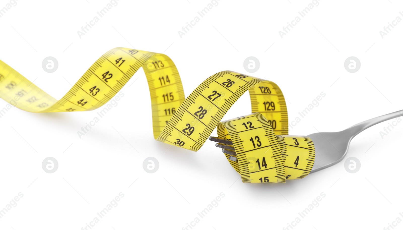 Photo of Fork with measuring tape isolated on white. Diet concept