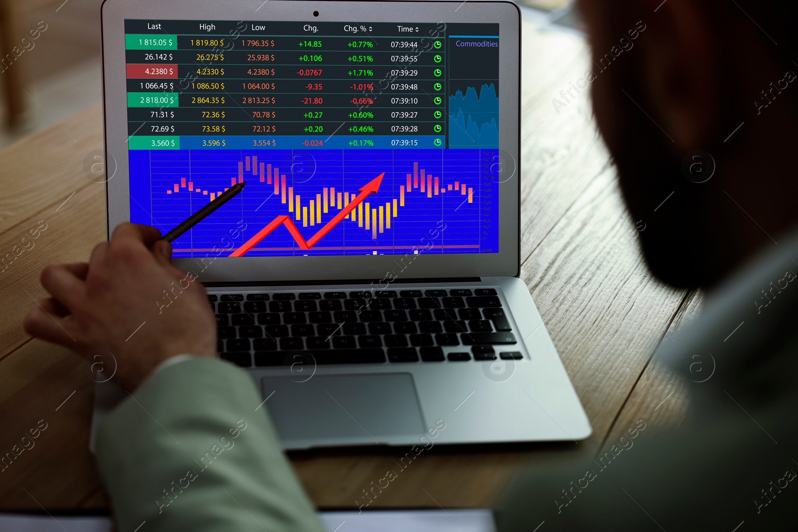 Image of Man analyzing situation on stock exchange market via laptop, closeup. Data and graph on screen